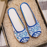 Zingj Round Head Embroidered Cloth Shoes Beef Tendon Bottom Flat Bottom Soft Bottom Canvas Slippers Female Ethnic Wind Blue And White