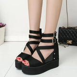Korean Female High-End Zipper Hollowed Out Roman Sandals Muffin Thick Soles Raised Fish-Mouth Slope Heels For Women's