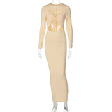 Sexy Women's Dress Fashion Streetwear Hollow Out Spring Slim Long Sleeve Bodycon Long Maxi Evening Party Robe