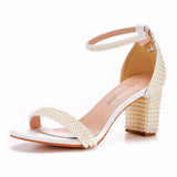 Cm Thick Heeled Shallow Word With Sandals Round Head Square Thick Heel Sandals White Pearl Sandals Wedding