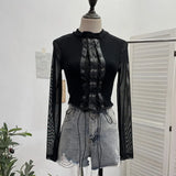 Real Shoot Spice Girls Strap Spliced Pu Skin Repair Slim Semi-High Collar Long Sleeve Top Short T-Shirt