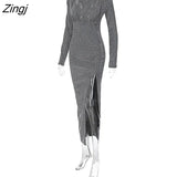Side Split Pleated Evening Dress Women Sexy O Neck High Waist Long Sleeves Robe Bodycon Elegant Buttocks Skirt