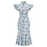 Women's Sexy Midi HL Bandage Dress Blue Floral Print Spaghetti Strap Bodycon Sundress Club Party Dresses Vestidos
