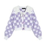Zingj Purple Ins2024 New Checkerboard Milk Sweet Gentle Wind Reduced Age Girl Short Doll Collar Sweater Coat-Outfit