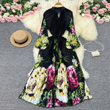 Zingj Luxury Retro French Round Collar Lantern Long Sleeve Print Dress Women's Belt With Loose Waist Show Thin Pleated