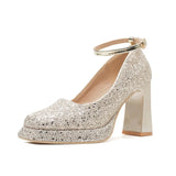 Zingj Thick With Explosive Flash Show He Wedding Dress Two Wear Not Tired Foot Wedding Shoes Square Head Beautiful Crystal Shoes Waterproof Platform High