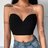 Women's Spring and Summer New Pure Color Sexy Vest Sexy Flash Diamond Chain Bra Sling Dresses Y2k Clothes Crop Top