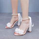 Cm White Flowers Thick Heel Sandals Shallow Word With Square Fish Mouth Sandals White Beads Drifted