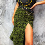 Elegant Split Long Skirts Vintage Leopard Floral Print High Waist A Line Skirts Office Lady Casual Bodycon Midi