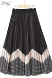 Spring Summer Fashion Midi Long Pleated Skirt Women Striped Print Elegant Chic Casual High Waist A Line Skirts