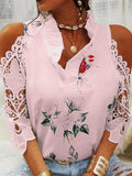 Hollow Out Printed Women Blouses Summer Female Strapless Blouse Casual Tops V-Neck Elegant Short Sleeve Lace Shirts