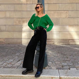 Women's Office Pants Spring Fashion Casual Loose Floor Length Ladies Blue Trousers High Waist Wide Leg Pants for