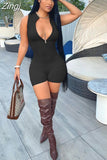 Sexy Sporty Zipper Sleeveless Rompers Playsuits Ribbed Knitted All In One Jumpsuit Women Shorts Summer Clothes