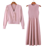 new spring and autumn long-sleeved v-neck top two-piece suit sweater dress wild loose knit cardigan
