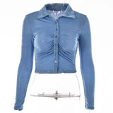Autumn Long Sleeve Buttons Ruched T-Shirts Women Sexy Turn-Down Collar Slim Crop Tops Femme Fashion High Street T