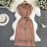 Zingj Summer Korean Version Retro Temperament Short Sleeve Polo Collar And Waist Show Thin Bow Tie With A-Line Knit