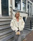 White Lapel Fleece Jacket- Outfit