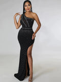 Sexy White Rhinestone Mesh Patchwork Maxi Dress Women Sleeveless One Shoulder High Split Skinny Clubwear Long