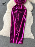 Sexy Bodycon Satin Camis Dress Backless High Waist Fashion Hollow Out Shiny Summer 2023 Women Party Long