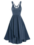 Casual Sleeveless Criss Cross Dresses Lattice Overlap High Stretch Regular Solid Color