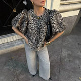 Bubble Sleeve Single-Button Shirt 2025 Spring And Summer Sweet Round Collar Short Top Female