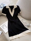 Zingj Summer Polo Collar Short Sleeve Knitted Dress Women Korean Fashion Casual Straight Loose Knitting Short Dresses 211-1-Outfit