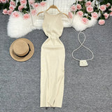 Zingj Sexy Round Neck Kink Solid Color Vest Knit Skirt Front And Back Two Wear Elastic Tight Wrap Hip