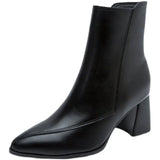 Zingj Boots Female 2023 Autumn And Winter New Korean Version Of Fashion Pointed Thick Heel Side Zipper Short Tube Fashion Pure Black Women's Boots-Outfit