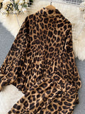 Leopard Vinage Casual Autumn Suits Loose Folds Lapel Blouse Tops+Wide Leg Long Pants Streetwear Women Two Pieces