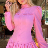 Women Button Stand Collar Ruffle Dress Long Sleeve Dress Elegant Fashion Chic