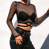 Zingj Summer Women's Wish Sexy Hollow Out Net Hole Basic Crop Umbilical Lace Long Sleeve Top T-Shirt