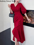 Midi Red Mermaid Dress Women Autumn Korean Sexy V-neck Irregular Sequins Dress Vintage Casual Evening Party Dress