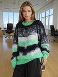 Fashion Trend Style Temperament Loose Round Collar Knitted Shirt 2025 Summer New Splicing Color Cover Striped Sweater