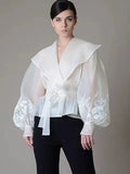 Retro Palace Style Top Autumn 2025 New Organza Lapel Lantern Sleeve Lace Printed Shirt