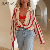 Knitted Long Sleeve Cardigan Women Red Stripe Loose Autumn Winter Fashion Casual Sweater Top V Neck