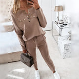 Spring V Neck Buttoned Pocket Loose Long Sleeve Sweatshirts Women Training suit Drawstring Fitness Pants Set
