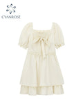 Collar Dress For Women Clothes 2022 Elegant Bow Agaric Lace Short Sleeve 2022 Summer A-line Dress High Waist Midi