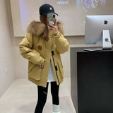 Raccoon Big Hair Collar Overalls Down Jacket Female 2024 Winter Fashion Thickened Couples Frost Resistant Outdoor Assault Jacket-Outfit