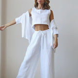 Women Vest Shirt Pants 3 Pieces Set Cotton Linen Crop Tank High Waist Wide Leg Pants Suit Female New Causal Lady
