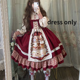 Christmas Lolita Dress Kawaii Women New Year 2024 Sweet Lace Ruffle Patchwork Puff Long Sleeve Red Princess