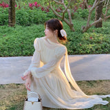 French Chiffon Midi Dresses for Women Elegant Long Sleeve Slim Ruffle Dress Gentle Fairy Clothes Sweet Puffy Short