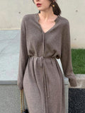 Vintage Women Knitted Dress Autumn Winter Brief V-neck Warm Drawstring Lace-up Loose Midi Female Sweater