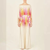 2025 New Set Women's Printed Round-Neck Loose Bat Sleeves Wide Leg Trousers Fashion