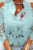 Hollow Out Printed Women Blouses Summer Female Strapless Blouse Casual Tops V-Neck Elegant Short Sleeve Lace Shirts