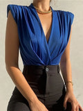 Bodysuit Women Fashion Ruched V Neck Sleeveless Bodycon Rompers Womens Jumpsuit Elegant Black Overalls Shorts Summer