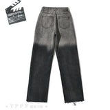 Zingj Trendy Women's Jeans, High Waist, Loose Style, Gradual Color Knee Hole, Rough Rim, Straight