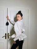 Spring 2022 Womens Fashion Blouses Lantern Sleeve White Peplum Top Stand Collar Long Sleeve Designer Tunic Top