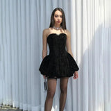 Sequin Strapless Puff Skirt Mini Dress- Outfit