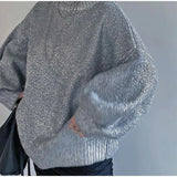 Neck Metallic Shinny Pullover For Women Vintage Loose Long Sleeve Warm Sweater 2023 Autumn Female Fashion Street