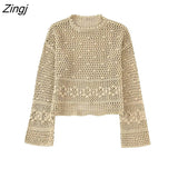 Women Fashion Hollow Out Lace Crochet Appliques Short Knitting Sweater Female Chic Basic O Neck Pullovers Tops